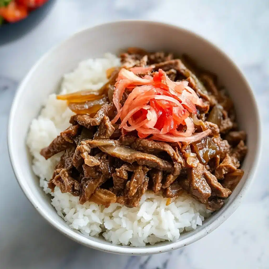 Gyudon Japanese Beef Bowls, Japanese beef bowl recipe, Easy Gyudon recipe, Quick Japanese dinner, savory beef rice bowl