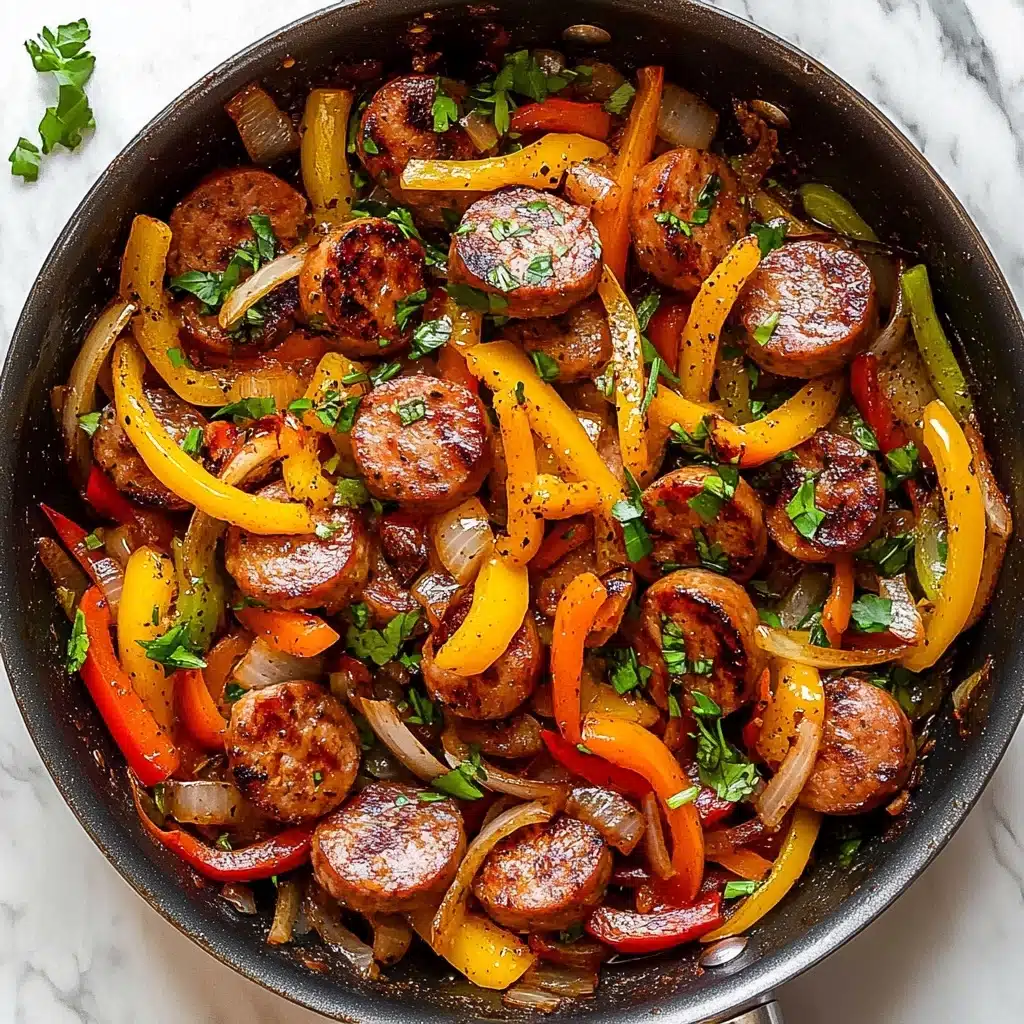 Sausage and Peppers Skillet, sausage peppers dinner, easy sausage skillet recipe, quick weeknight dinner ideas, flavorful sausage and peppers
