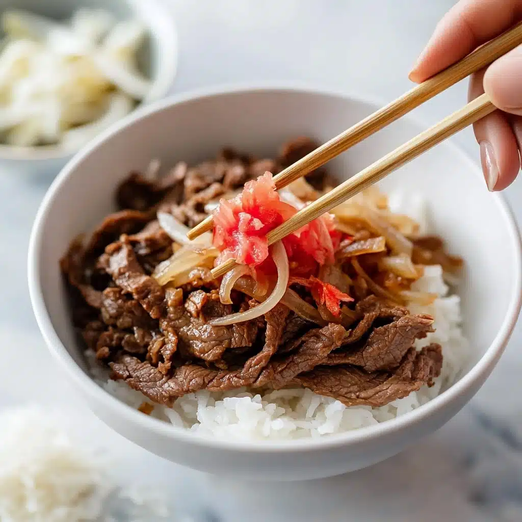Gyudon Japanese Beef Bowls, Japanese beef bowl recipe, Easy Gyudon recipe, Quick Japanese dinner, savory beef rice bowl
