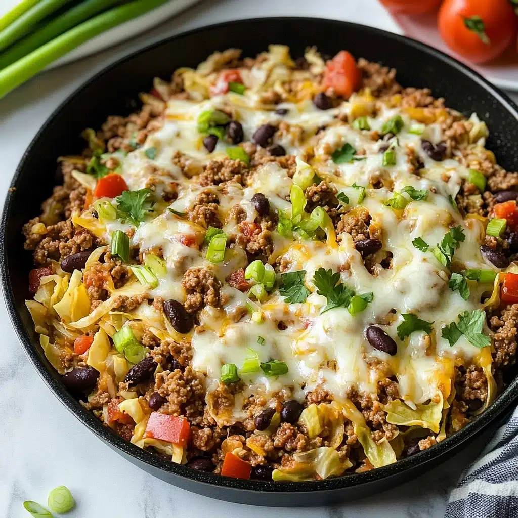 Low Carb Cabbage Taco Skillet, healthy taco skillet, low carb dinner ideas, keto cabbage skillet, quick healthy taco recipes