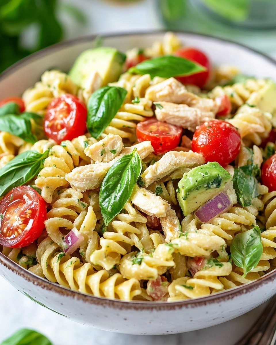 Healthy Chicken Pasta Salad with Avocado and Cherry Tomatoes Recipe - Recipe Image