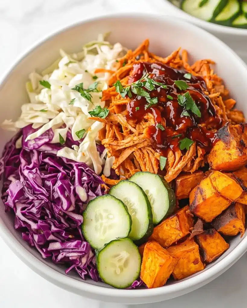 BBQ Chicken Bowls with Sweet Potatoes, Coleslaw, and Pickles Recipe