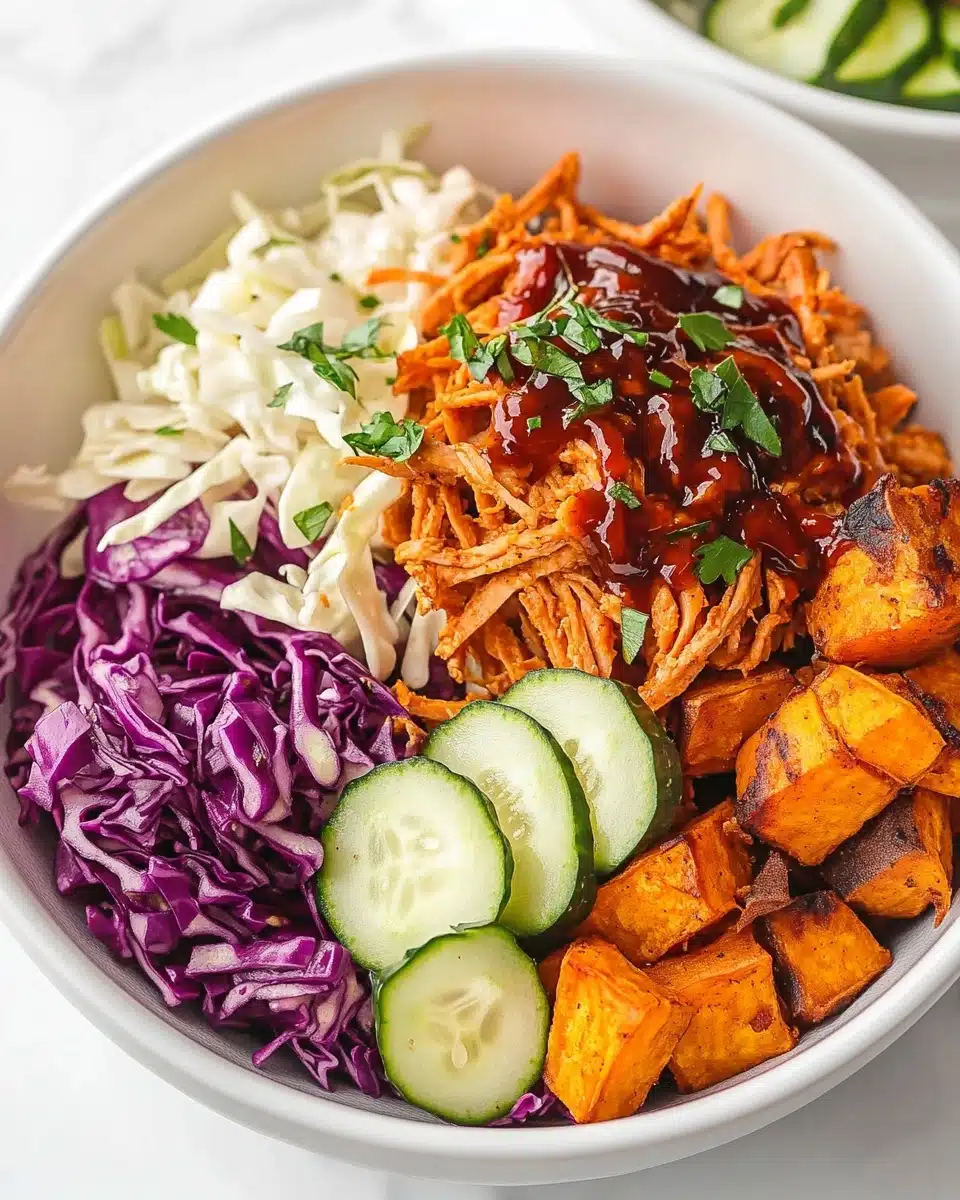 BBQ Chicken Bowls with Sweet Potatoes, Coleslaw, and Pickles Recipe