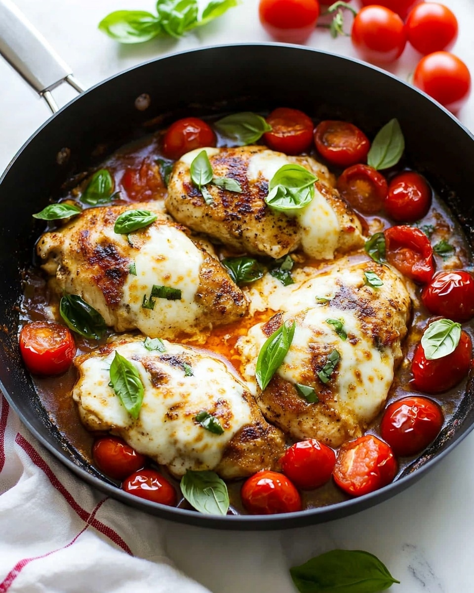 One Pan Balsamic Chicken with Tomato Mozzarella, balsamic chicken skillet, easy chicken dinner, quick weeknight chicken recipe, tomato mozzarella chicken