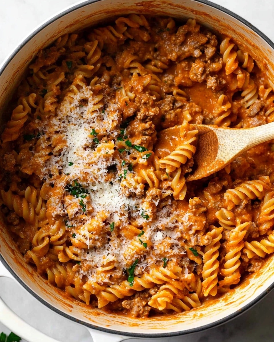 One Pot Creamy Tomato Beef Pasta, quick beef pasta dinner, easy one pot pasta recipe, creamy tomato beef skillet, weeknight beef pasta