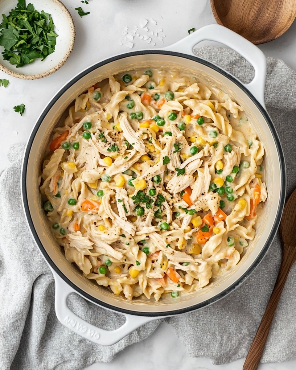 Chicken Pot Pie Pasta, easy chicken pasta recipe, comforting weeknight dinner, creamy chicken pasta dish, quick chicken pasta ideas