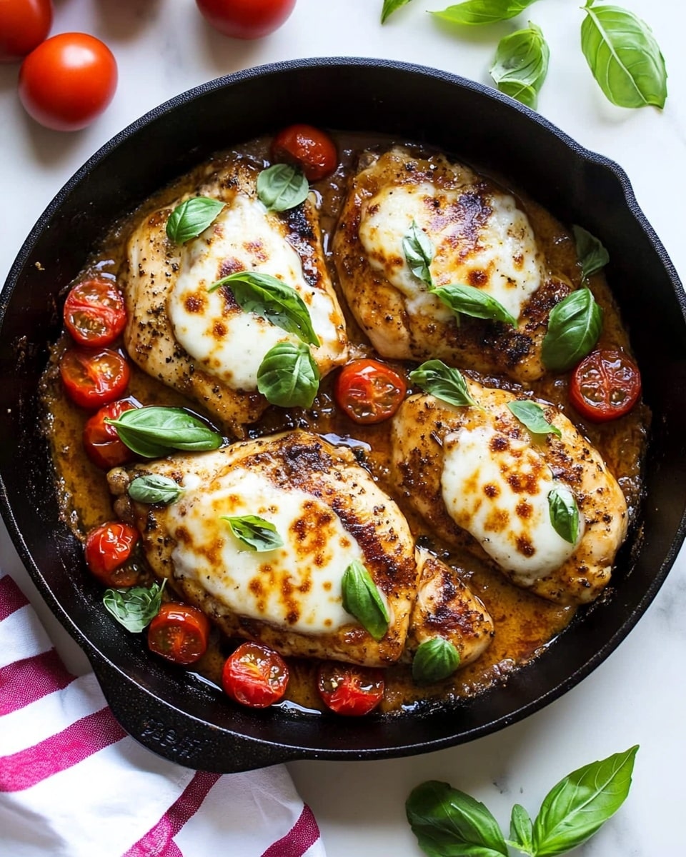 One Pan Balsamic Chicken with Tomato Mozzarella, balsamic chicken skillet, easy chicken dinner, quick weeknight chicken recipe, tomato mozzarella chicken