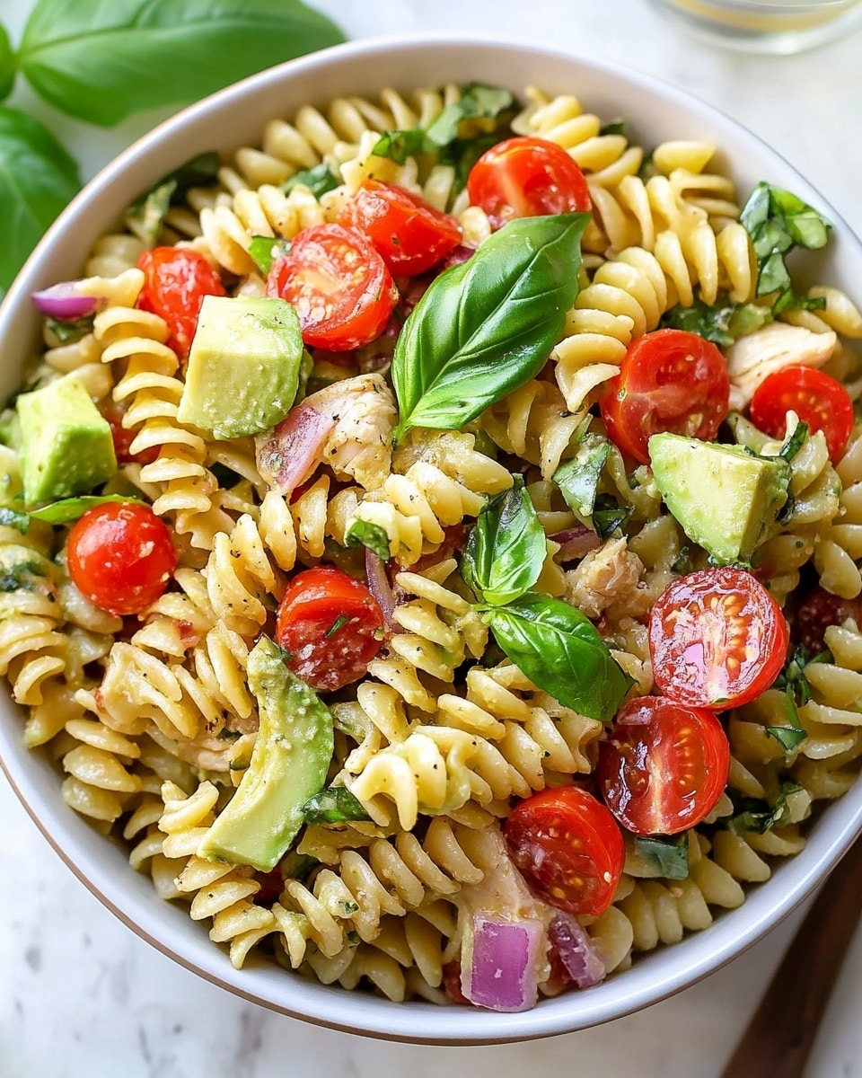 Healthy Chicken Pasta Salad with Avocado and Cherry Tomatoes Recipe - Recipe Image
