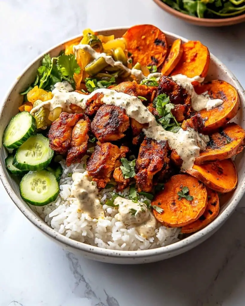 Sheet Pan Chicken Tzatziki with Sweet Potatoes and Herb Tahini Sauce Recipe