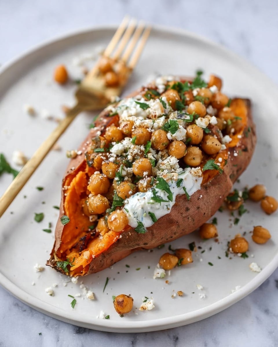 Slow Roasted Sweet Potatoes with Spicy Garlic Chickpeas and Blue Cheese Sauce Recipe - Recipe Image