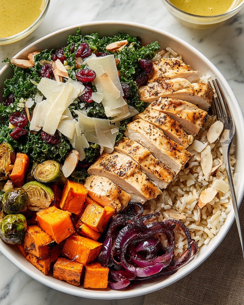 Harvest Bowls with Roasted Vegetables, Chicken, Cranberries, and Dijon Cider Vinaigrette Recipe - Recipe Image