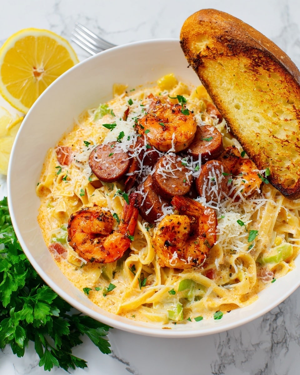 Mardi Gras Pasta with Shrimp, Crawfish, and Smoked Sausage Recipe - Recipe Image