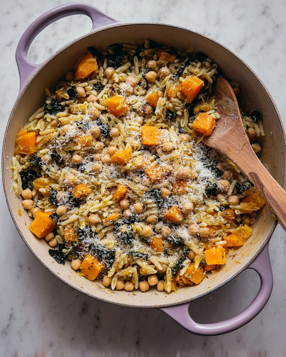 One Pot Fall Vegetable Orzo and Chickpeas Recipe - Recipe Image