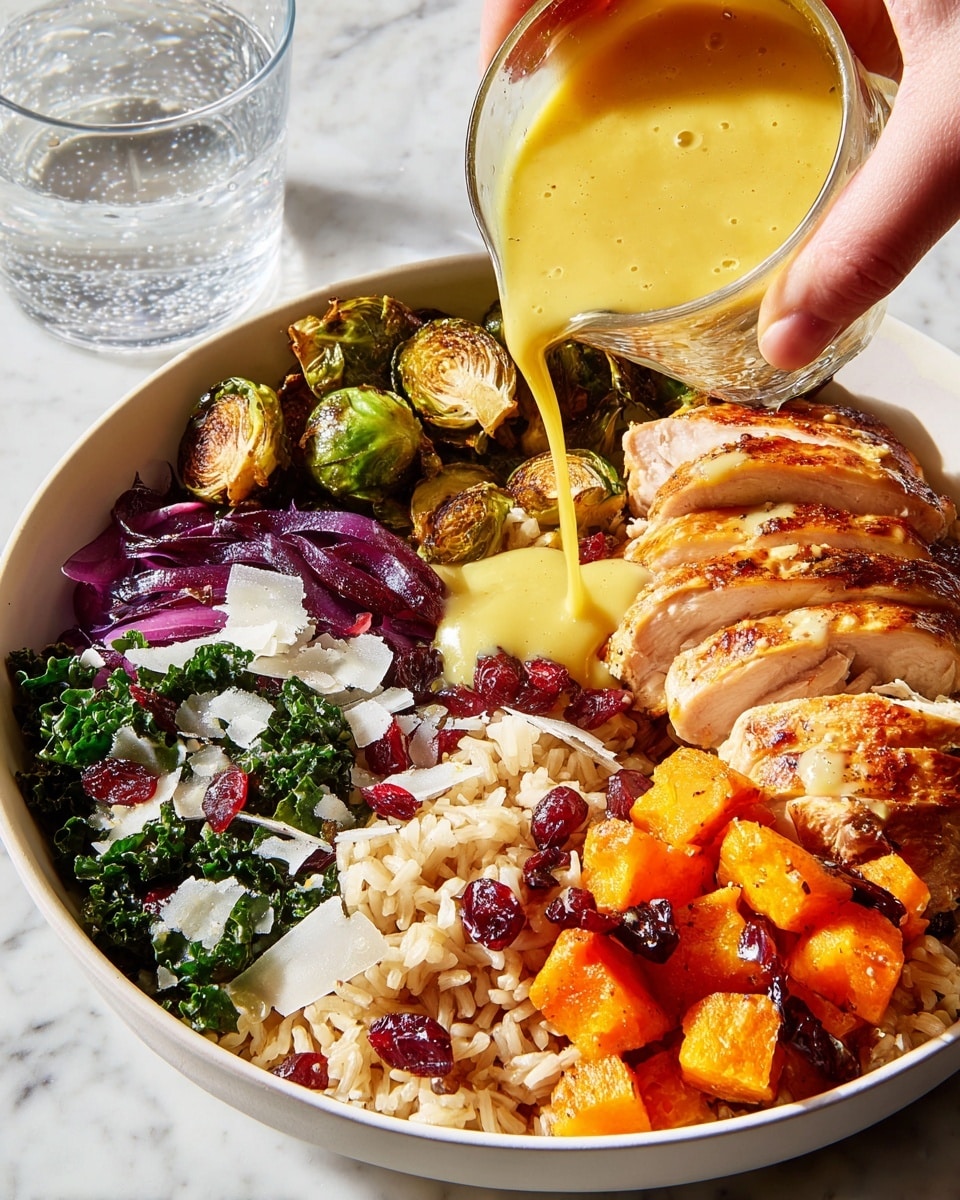 Harvest Bowls with Roasted Vegetables, Chicken, Cranberries, and Dijon Cider Vinaigrette Recipe - Recipe Image