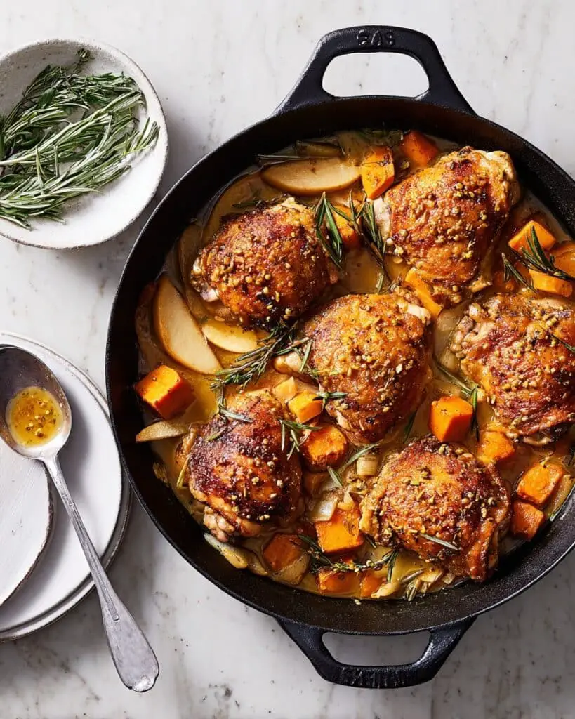 Cider Glazed Chicken Thighs with Roasted Sweet Potatoes and Apples Recipe