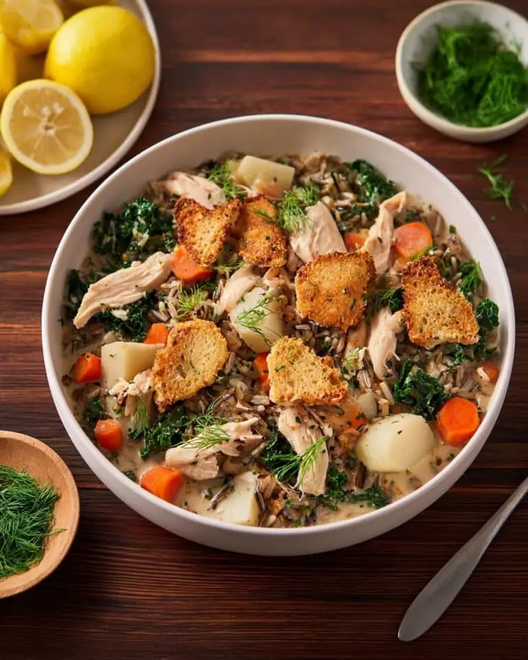 Chicken & Wild Rice Soup with Crispy Chicken Skin and Fresh Dill Recipe