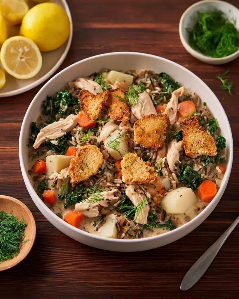 Chicken & Wild Rice Soup with Crispy Chicken Skin and Fresh Dill Recipe