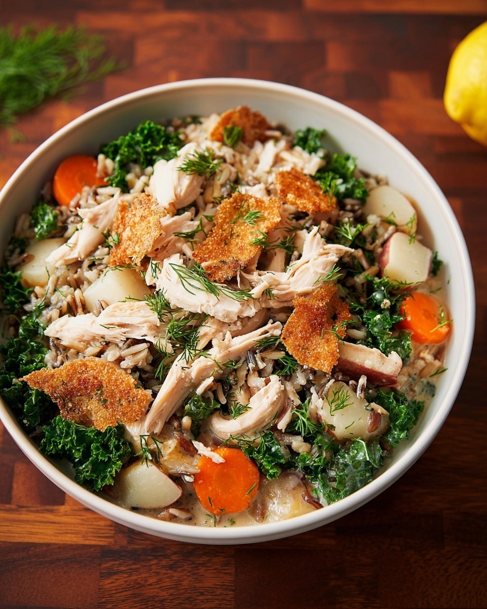 Chicken & Wild Rice Soup with Crispy Chicken Skin and Fresh Dill Recipe - Recipe Image