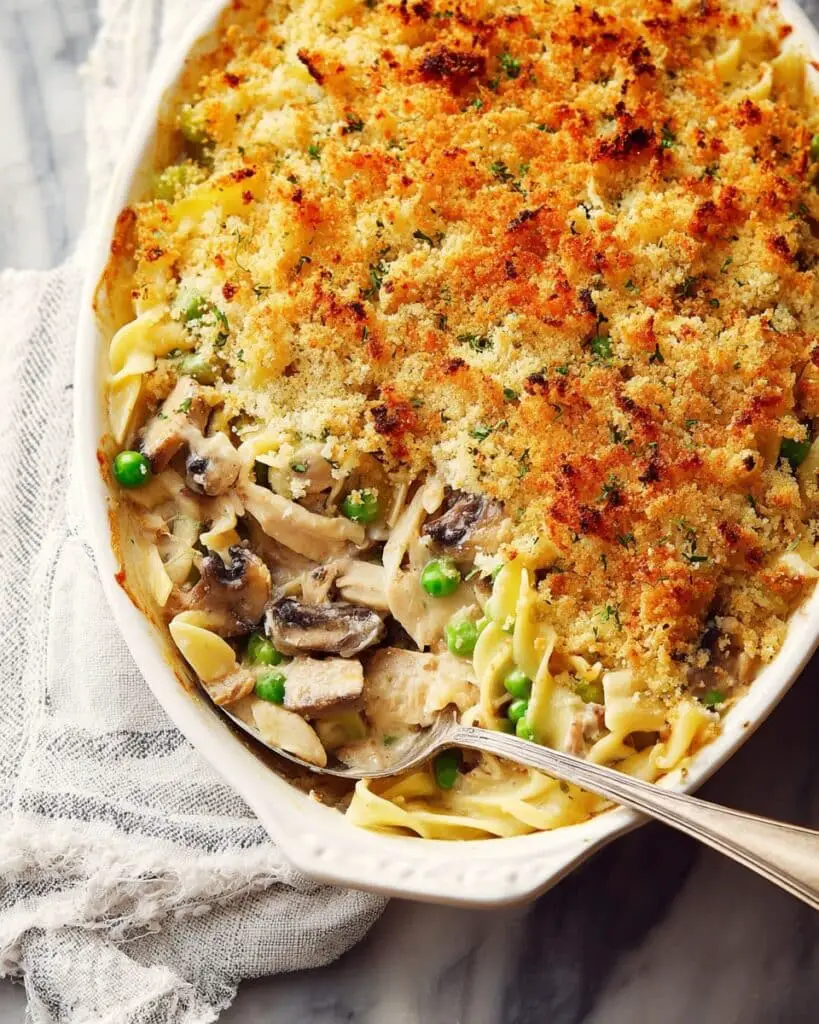 Creamy Turkey and Noodle Casserole with Parmesan Breadcrumb Topping Recipe