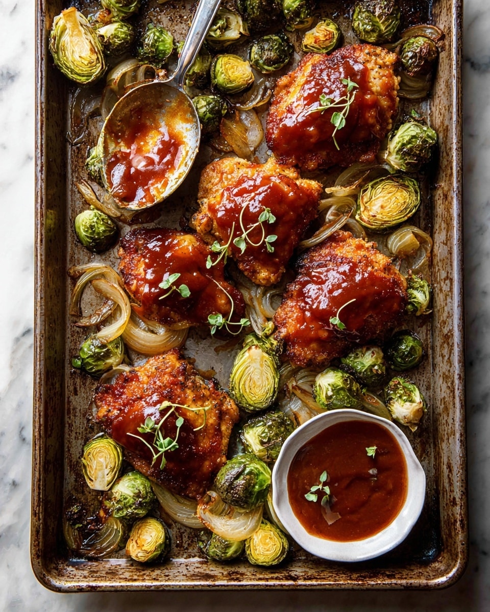 Sheet Pan Hot Honey Mustard Chicken and Crispy Brussels Sprouts Recipe - Recipe Image