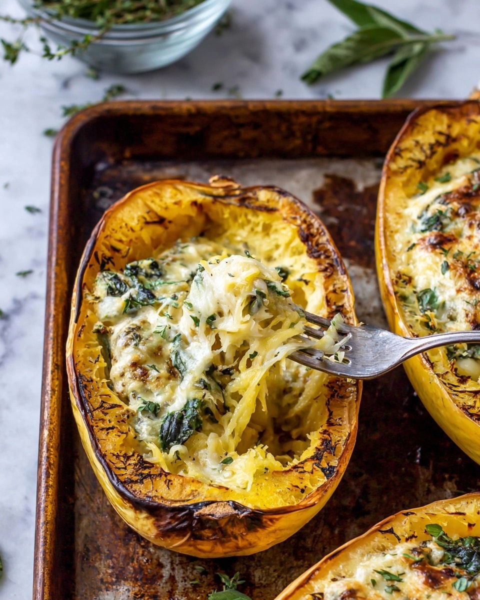 4 Cheese Roasted Garlic Alfredo Stuffed Spaghetti Squash Recipe - Recipe Image