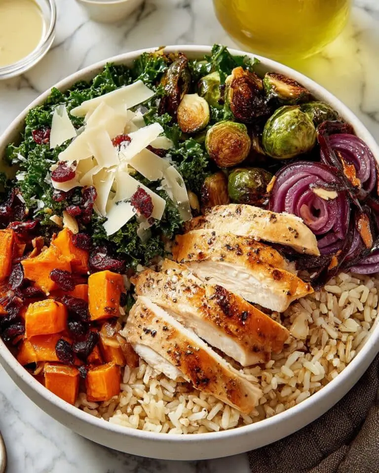 Harvest Bowls with Roasted Vegetables, Chicken, Cranberries, and Dijon Cider Vinaigrette Recipe