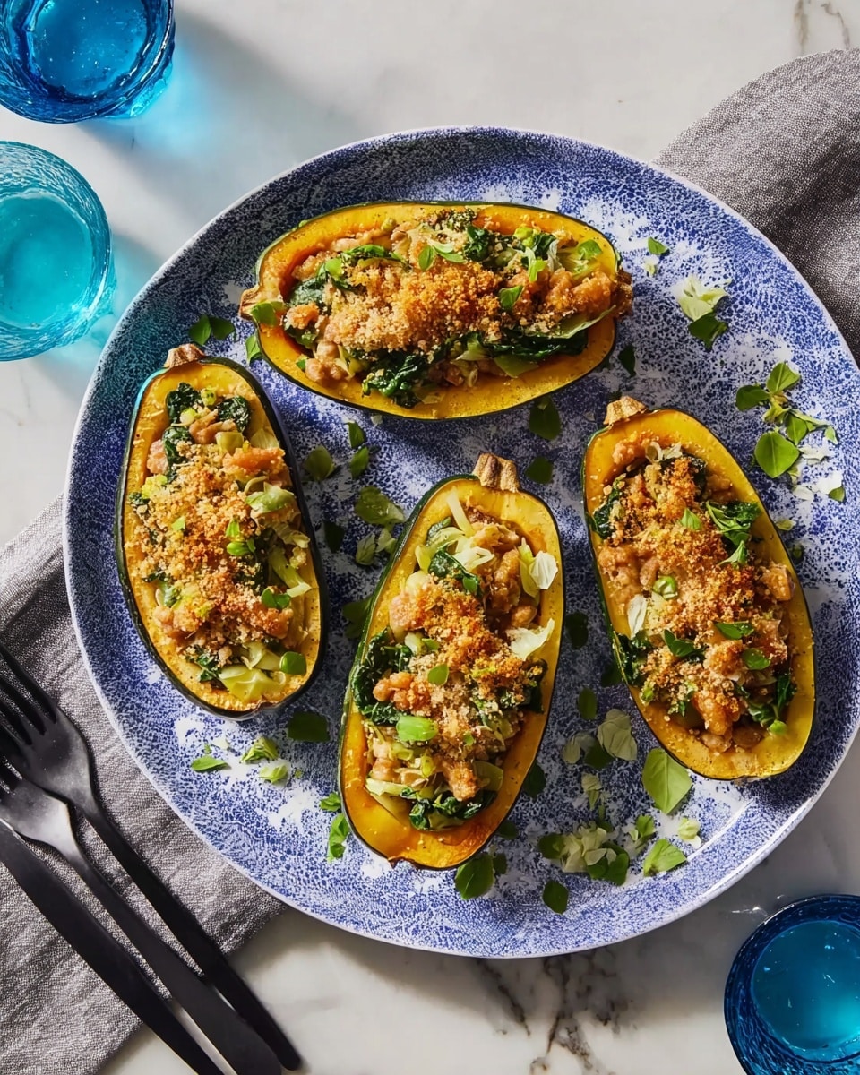 Stuffed Delicata Squash with Sausage, Greens, and Cornbread Topping Recipe - Recipe Image