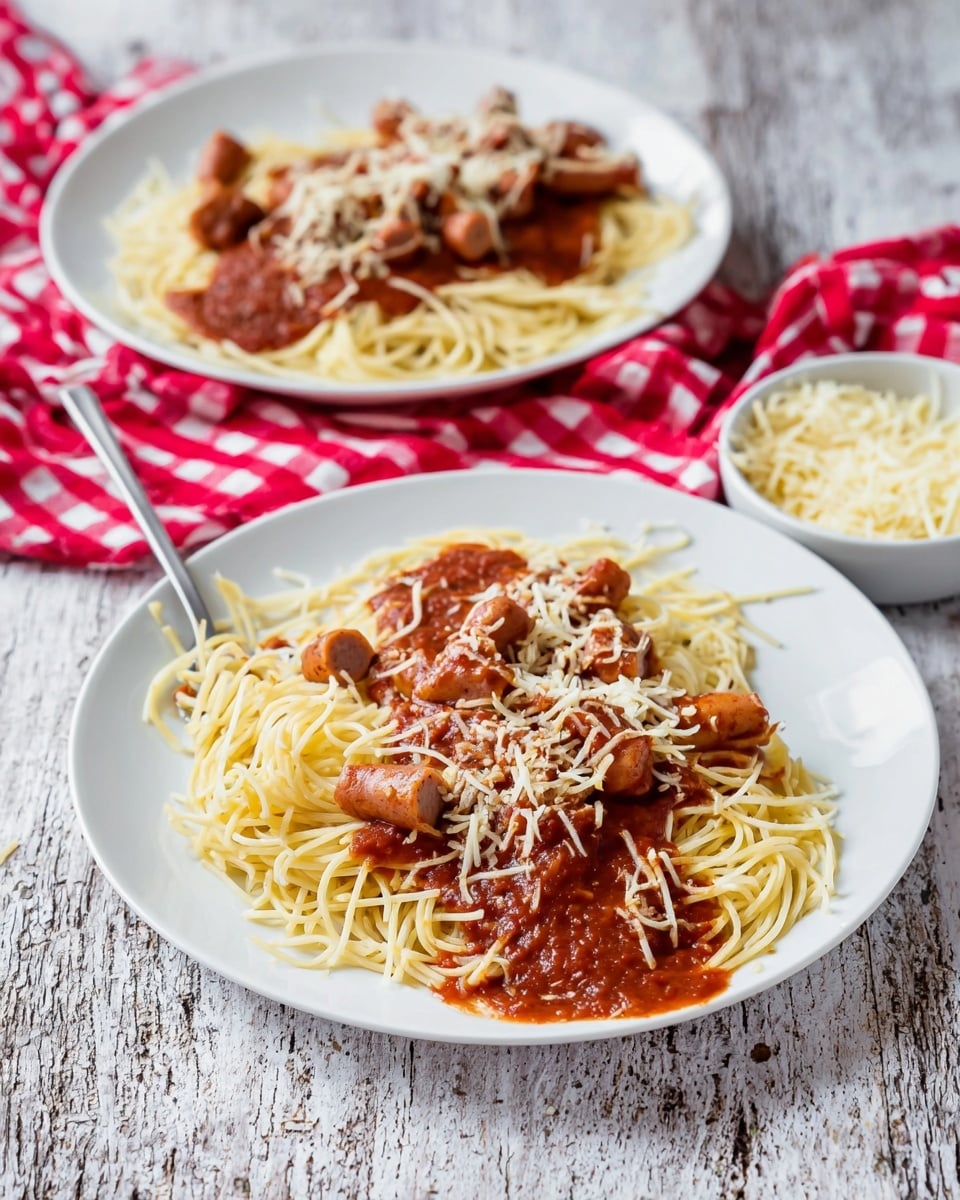 Freaky Franks: Spaghetti Hot Dogs with Tomato Sauce Recipe - Recipe Image
