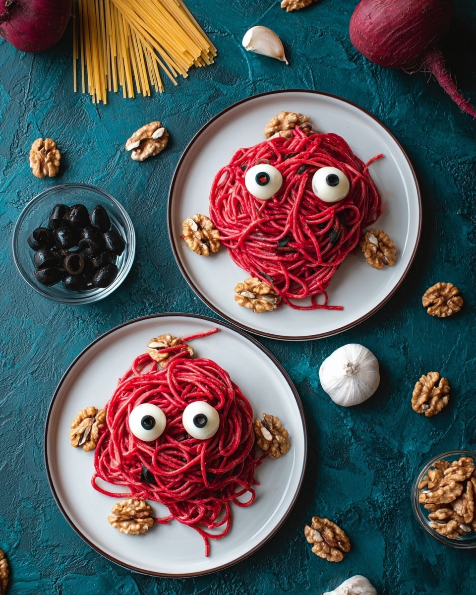 Halloween Beetroot Pasta with Mozzarella Eyeballs and Walnut Brains Recipe - Recipe Image