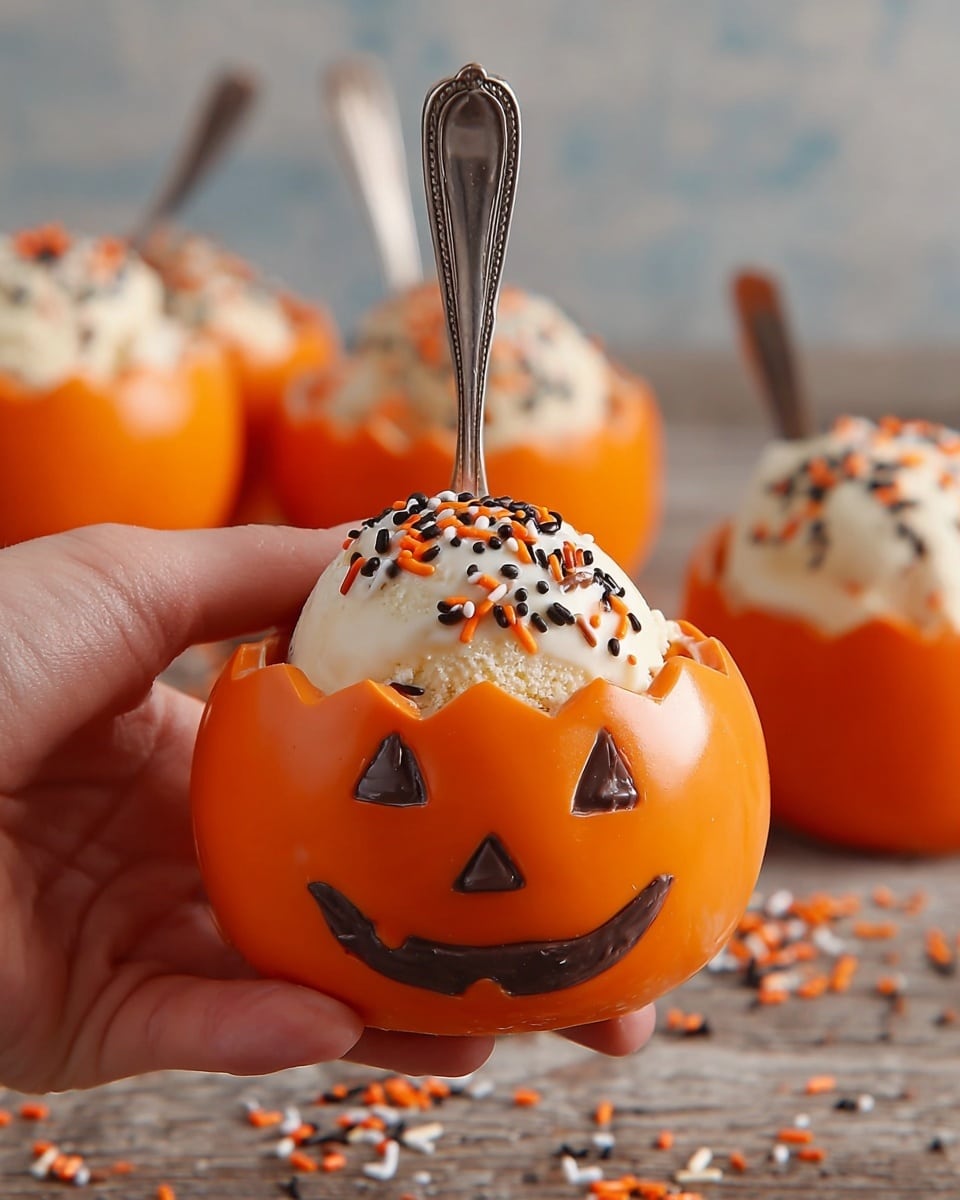 Jack O' Lantern White Chocolate Bowls with Vanilla Ice Cream Recipe - Recipe Image