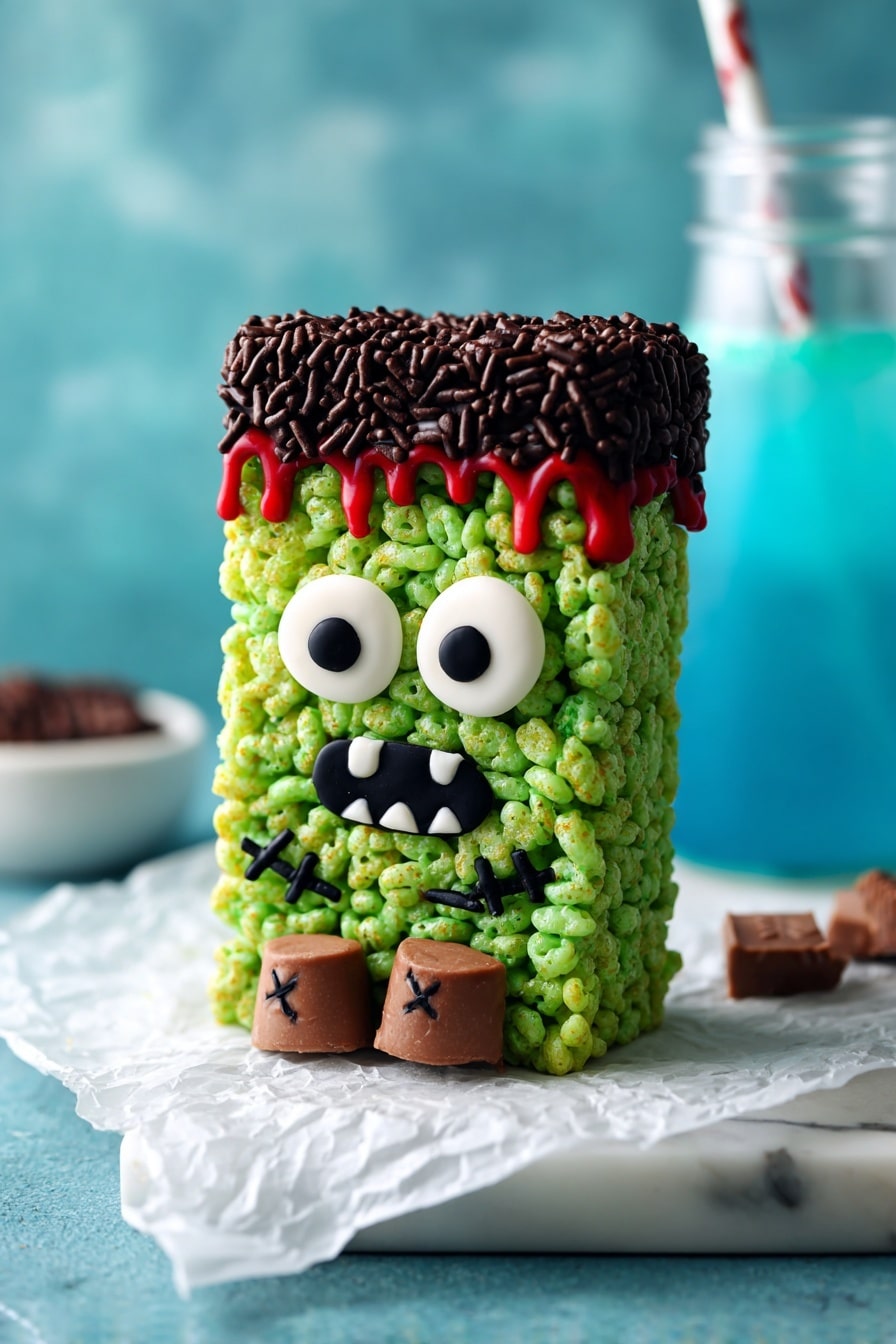 Halloween Green Rice Krispies Treats with Chocolate and Candy Eyeballs Recipe - Serving