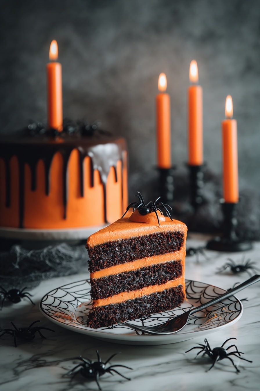 Halloween Birthday Cake with Chocolate Fudge Layers and Orange Buttercream Frosting Recipe - Serving