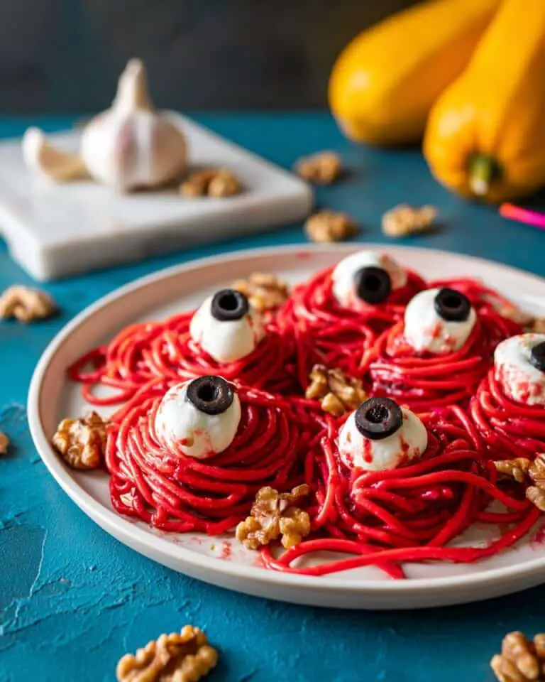 Halloween Beetroot Pasta with Mozzarella Eyeballs and Walnut Brains Recipe