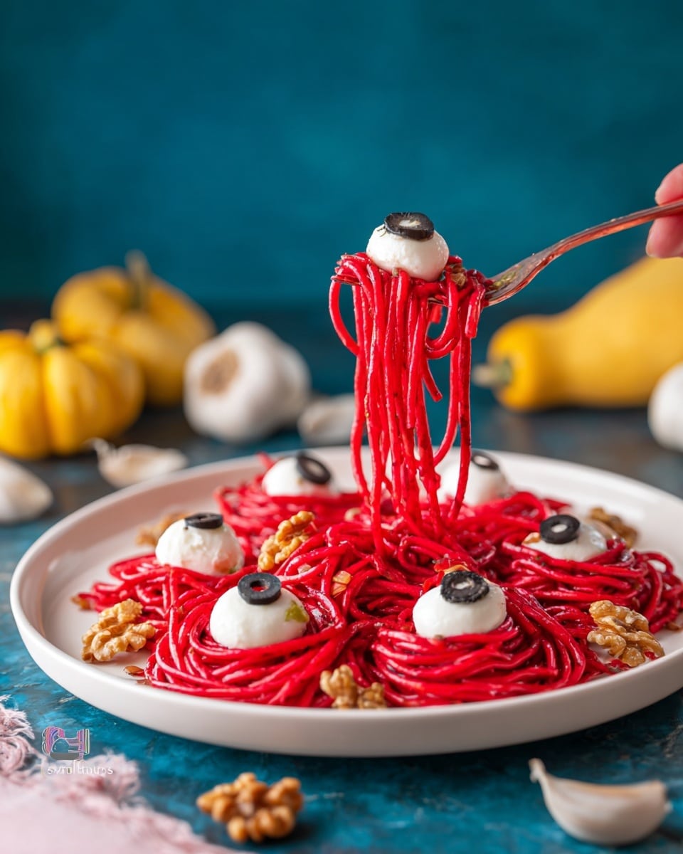 Halloween Beetroot Pasta with Mozzarella Eyeballs and Walnut Brains Recipe - Recipe Image