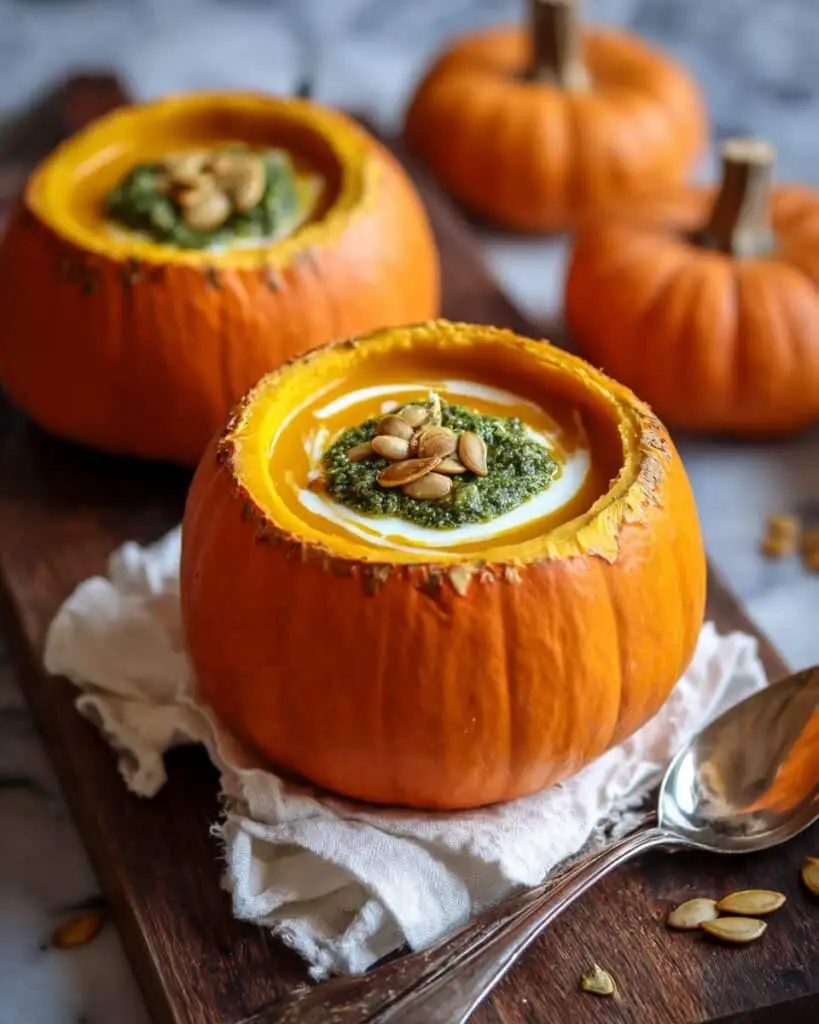 Roasted Garlic Sage Pesto Pumpkin Soup with Spicy Fried Pumpkin Seeds Recipe