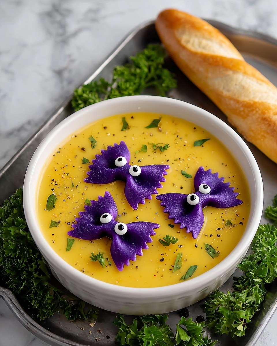 Butternut Squash Soup with Black Food Coloring Pasta Bats Recipe - Recipe Image