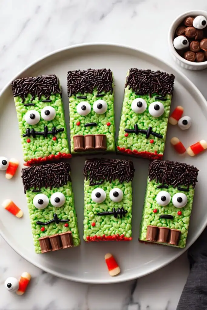 Halloween Green Rice Krispies Treats with Chocolate and Candy Eyeballs Recipe