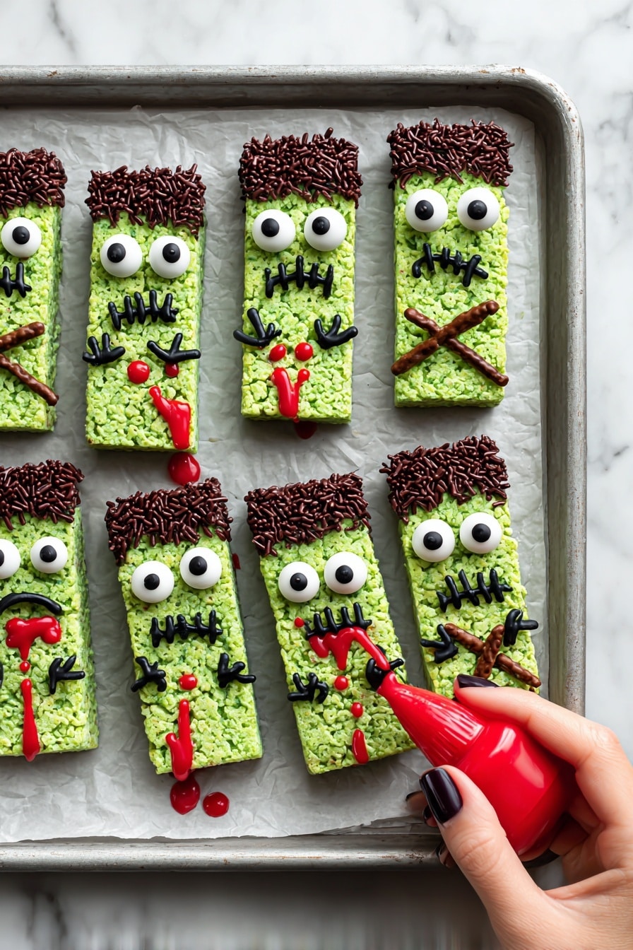 Halloween Green Rice Krispies Treats with Chocolate and Candy Eyeballs Recipe - Recipe Step