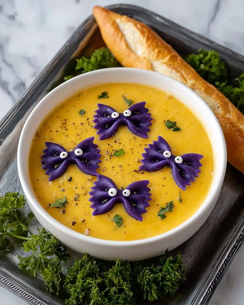 Butternut Squash Soup with Black Food Coloring Pasta Bats Recipe
