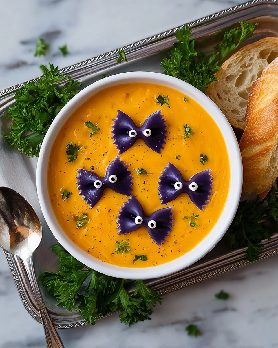 Butternut Squash Soup with Black Food Coloring Pasta Bats Recipe - Recipe Image