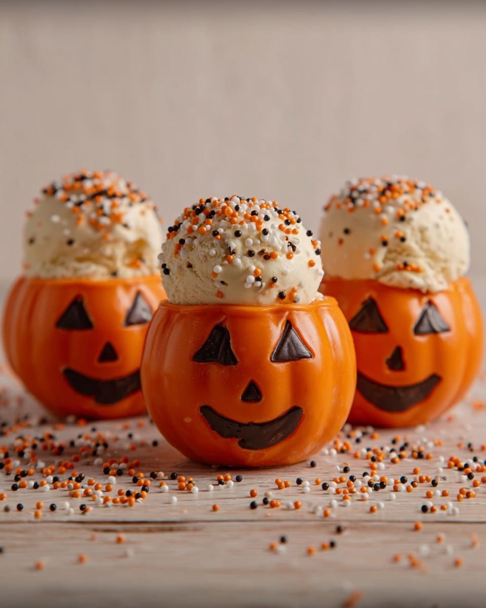 Jack O' Lantern White Chocolate Bowls with Vanilla Ice Cream Recipe - Recipe Image