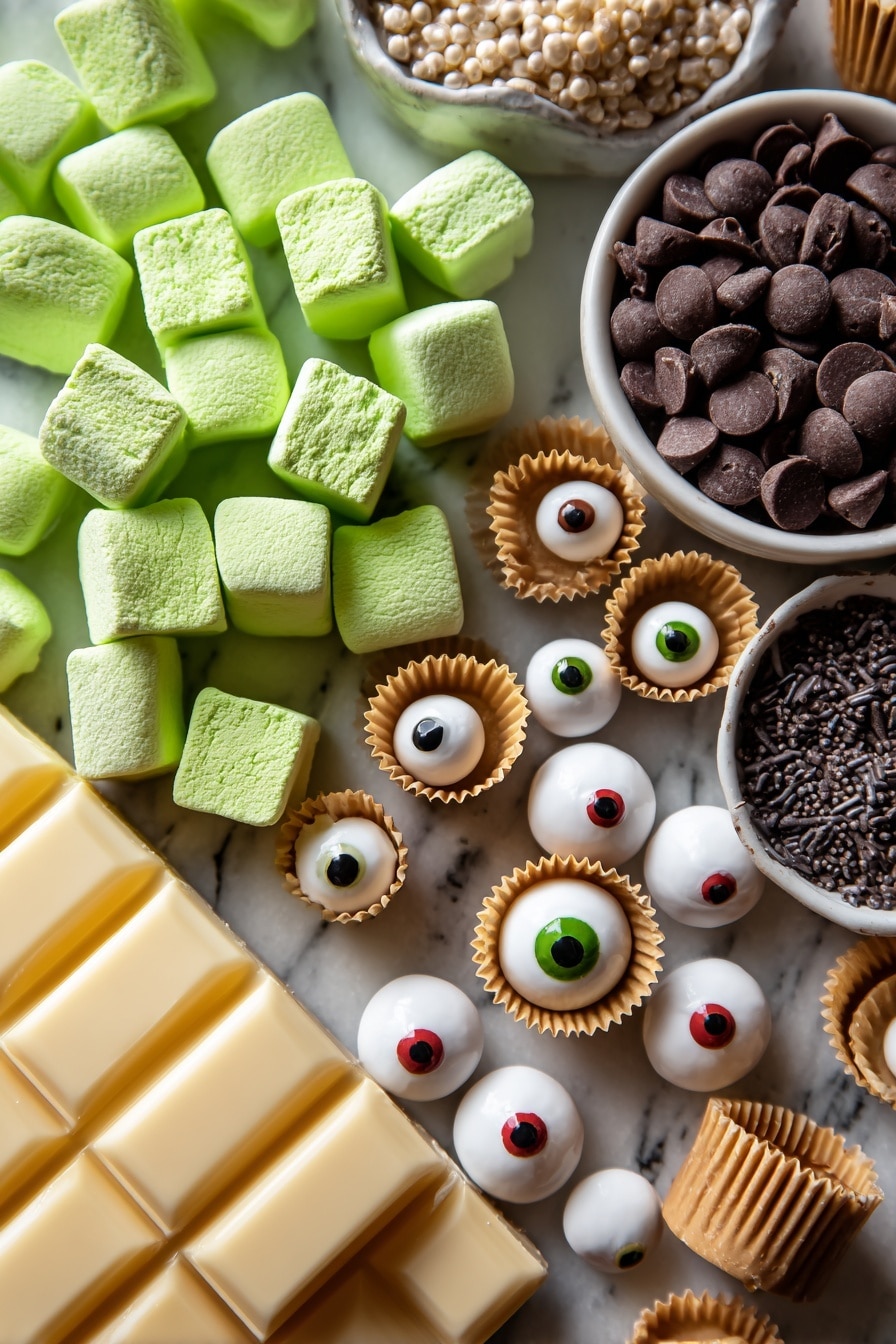 Halloween Green Rice Krispies Treats with Chocolate and Candy Eyeballs Recipe - Ingredients