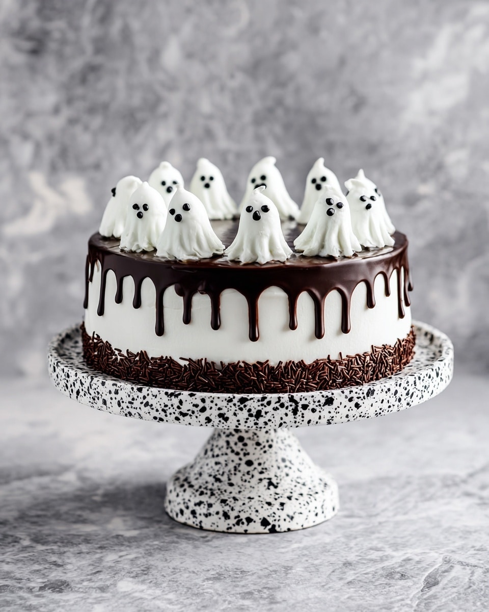 Ghost Cake with Meringue Ghosts and Chocolate Ganache Recipe - Recipe Image