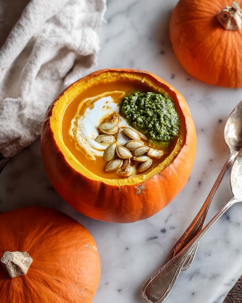 Roasted Garlic Sage Pesto Pumpkin Soup with Spicy Fried Pumpkin Seeds Recipe - Recipe Image