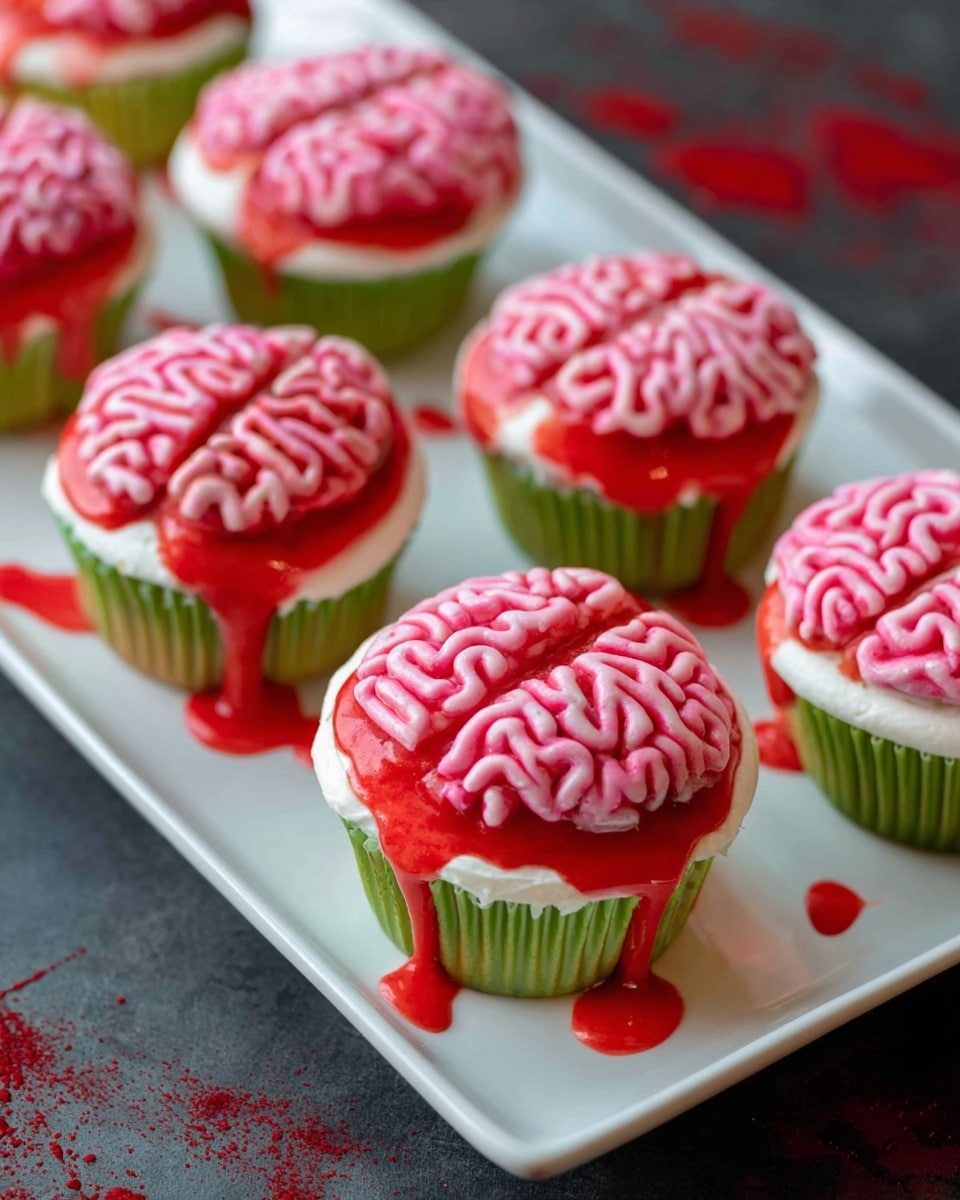 Halloween Strawberry Cupcakes with Zombie Brain Frosting Recipe - Recipe Image