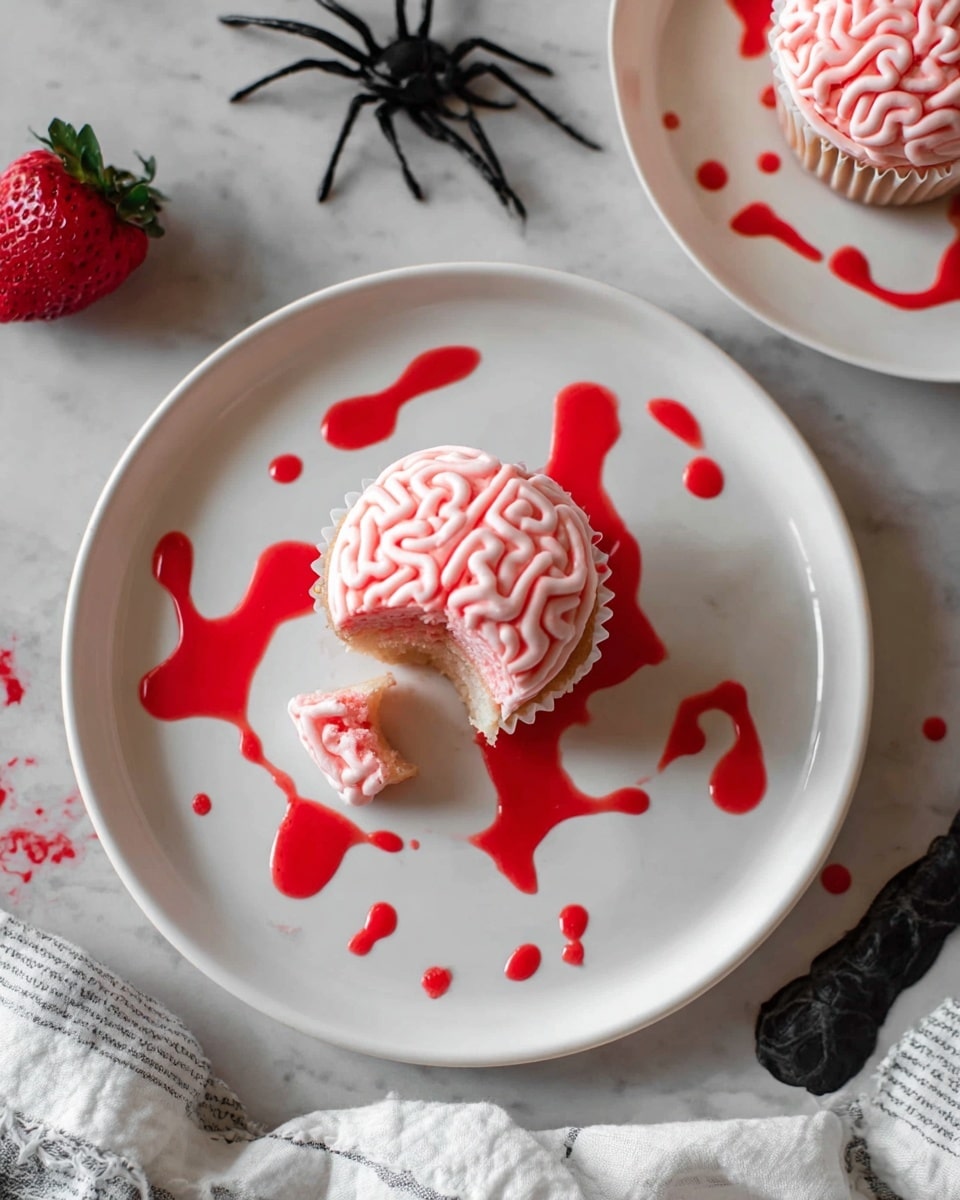 Halloween Strawberry Cupcakes with Zombie Brain Frosting Recipe - Recipe Image
