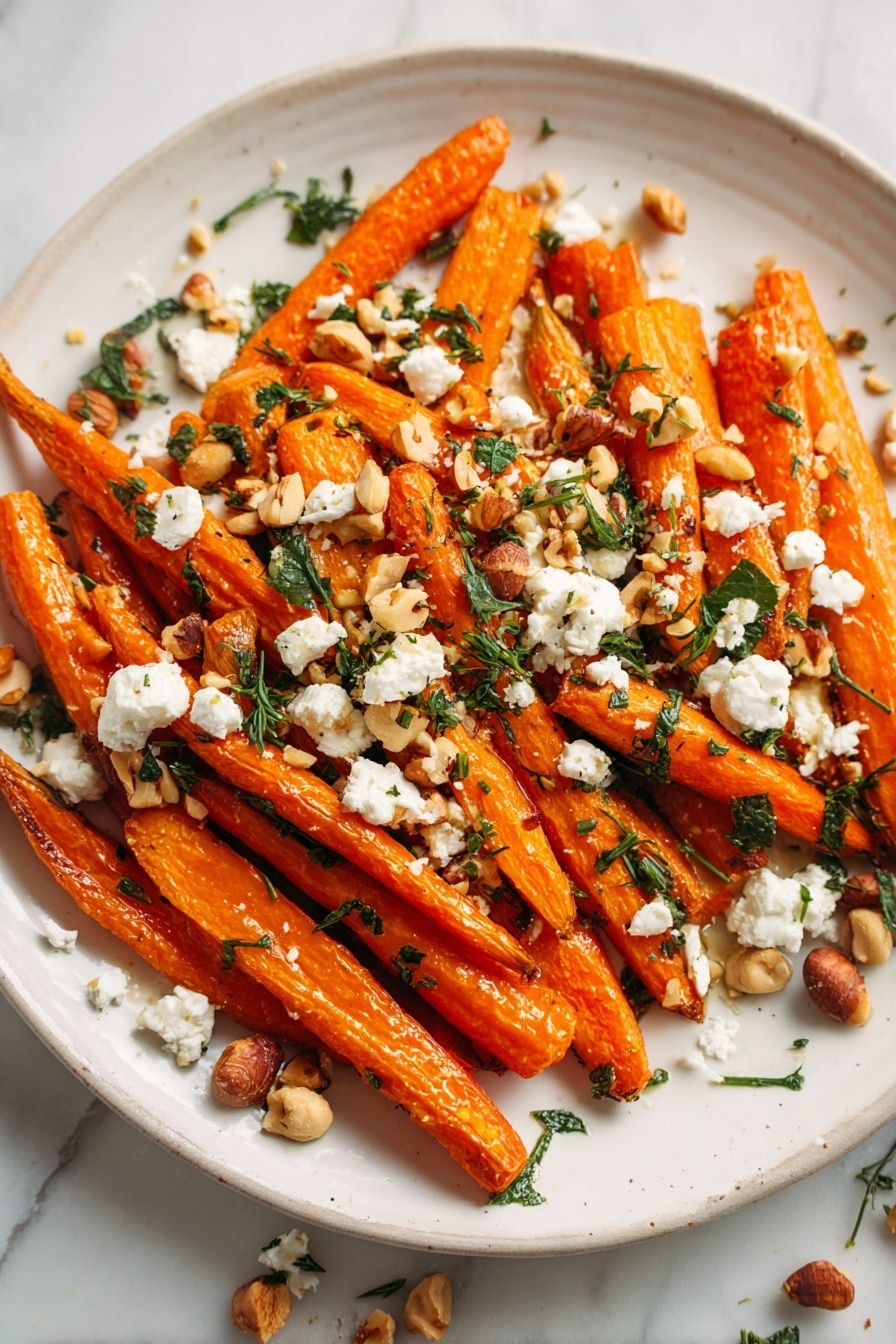 The dish shows a white round plate filled with roasted carrot sticks arranged layered side by side, with a bright orange color and a slight char on some edges. Scattered over the carrots are small white crumbles of soft cheese, roughly spread with uneven texture. Light brown toasted hazelnut pieces are sprinkled on top, adding a rough and crunchy look. Bright green chopped herbs are also scattered generously over the carrots and cheese, adding freshness and color contrast. The plate sits on a white marbled surface, with a white cloth partially visible at the top left corner. The overall look is fresh, colorful, and inviting. photo taken with an iphone --ar 2:3 --v 7 - Maple Roasted Carrots with Hazelnuts and Goat Cheese, roasted carrot side dish, healthy vegetable side, easy roasted carrots recipe, fancy vegetable sides