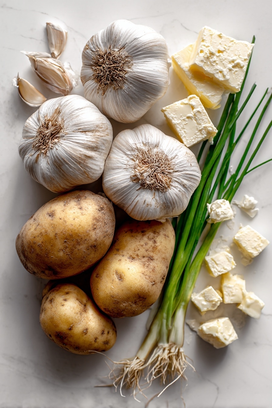 Flat lay of three whole garlic bulbs with papery skins partly peeled away to reveal golden roasted cloves, several peeled and chopped russet potatoes showing their creamy white flesh and rough tan skins, a soft white round of goat cheese with a slightly crumbly texture, a few fresh bright green chive stalks neatly snipped, a small pat of smooth pale yellow unsalted butter, and a glass container of milky half and half, all carefully arranged with natural spacing to highlight their colors and textures, placed on white marbled surface, photo taken with an iphone --ar 2:3 --v 7 - Garlic Goat Cheese Mashed Potatoes, creamy garlic mashed potatoes with goat cheese, roasted garlic mashed potato recipe, sophisticated side dish ideas, easy gourmet mashed potatoes