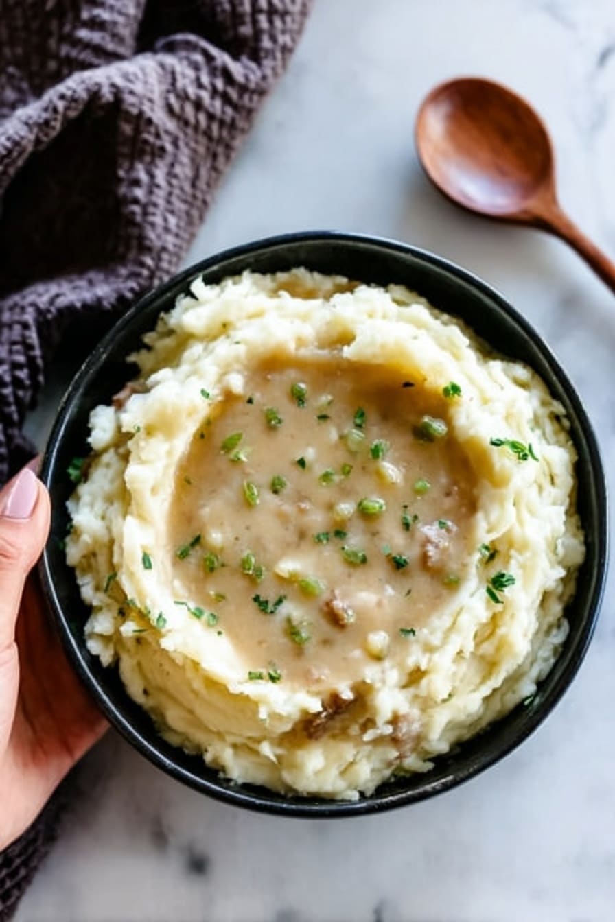 A bowl with two layers: the bottom layer is creamy mashed potatoes, white in color with a smooth and fluffy texture, shaped in a ring with a well in the center. The second layer, inside the well, is a thick light brown gravy with small pieces of onions and bits of meat. The mashed potatoes are sprinkled with chopped green herbs, likely chives, adding small pops of green color. The bowl is white, placed on a white marbled surface, with a wooden spoon nearby and a woman's hand holding another bowl with the same contents in the background. Photo taken with an iphone --ar 2:3 --v 7 - Garlic Goat Cheese Mashed Potatoes, creamy garlic mashed potatoes with goat cheese, roasted garlic mashed potato recipe, sophisticated side dish ideas, easy gourmet mashed potatoes