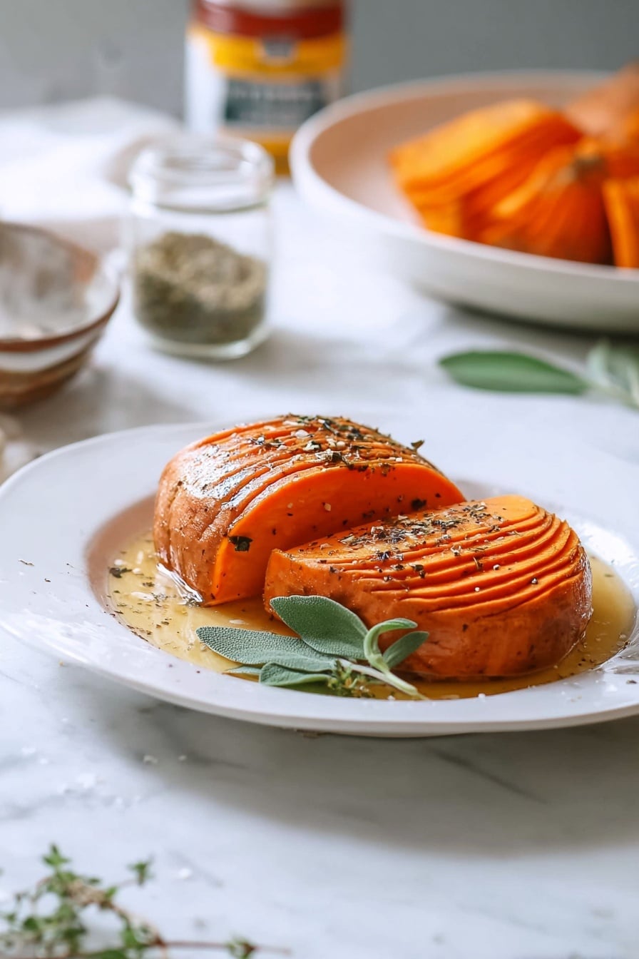 Hasselback Butternut Squash with Maple Pecan and Browning Sage Butter Recipe - Serving